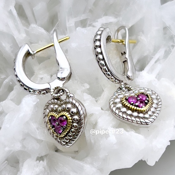 Judith Ripka JR TWO Sterling 18K Gold Rhodolite Heart Drop Legacy Earrings - Picture 4 of 8